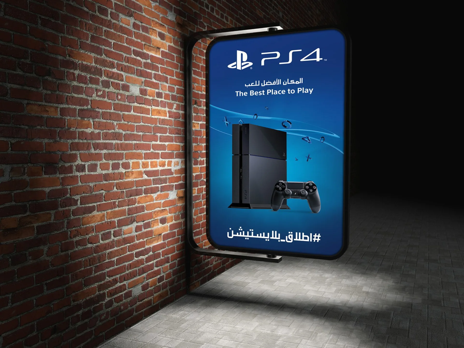 3d Blank street advertising billboard on brick wall at night