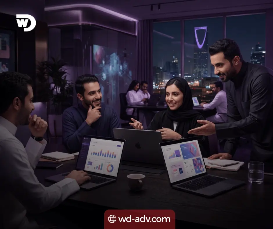 Ultra-realistic premium advertising image for a digital marketing company in Riyadh.
Show a modern Saudi marketing team working naturally in an elegant creative agency, with laptops displaying abstract marketing dashboards, social media campaign visuals, advertising charts and branding concepts.
Use a luxurious dark purple atmosphere with rich violet lighting, glossy reflections and subtle golden accents. Keep the composition clean, modern and strongly connected to digital growth, online advertising and business success.
Natural Middle Eastern faces, realistic body language, premium corporate photography, 35mm lens, landscape 16:9, 1920×1080.
تسويق إلكتروني بالرياض 
