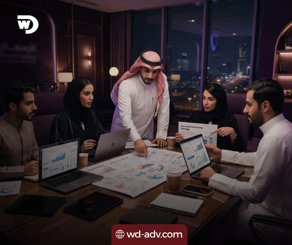 Ultra-realistic premium advertising image for a digital marketing company in Riyadh.
Show a modern Saudi marketing team in a stylish creative agency reviewing a complete growth strategy with laptops, campaign planning sheets, branding materials, social media concepts, advertising charts and a clear business roadmap.
Use a luxurious dark purple atmosphere with rich violet lighting, glossy reflections and subtle golden accents. Make the scene feel strategic, professional and focused on digital growth and measurable success.
Natural Middle Eastern faces, realistic body language, premium commercial photography, 35mm lens, landscape 16:9, 1920×1080.
شركة تسويق إلكتروني بالرياض