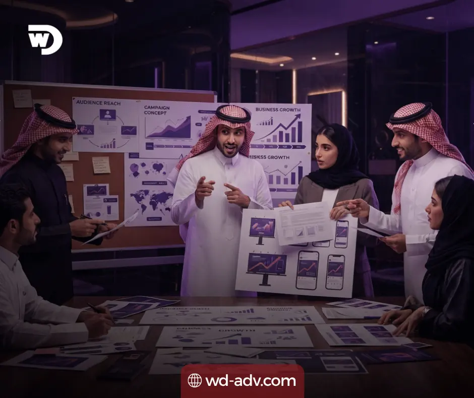 Ultra-realistic premium advertising image for a digital marketing company in Riyadh.
Show a professional Saudi marketing team inside a modern creative agency planning a high-reach campaign using printed strategy boards, branding materials, campaign charts, content plans and advertising mockups. Make the scene clearly express stronger brand visibility, wider audience reach and business growth.
Use a luxurious dark purple atmosphere with rich violet lighting, glossy reflections and subtle golden accents. Natural Middle Eastern faces, realistic body language, premium commercial photography, landscape 16:9, 1920×1080.
تسويق إلكتروني الرياض 
