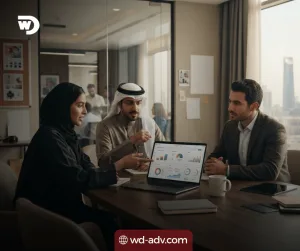 **Prompt:**
Photorealistic 16:9 commercial photography of an advertising and marketing agency meeting in Riyadh.
Three professional business people are sitting naturally around a table inside a modern creative office, discussing an advertising campaign and reviewing campaign performance on a laptop.
The laptop screen shows simple visual analytics with campaign reach, audience growth, ad performance, lead generation, and conversion charts, with no readable text.
Add subtle advertising-related elements in the office such as printed campaign mockups, a camera, product photography samples, creative boards, and a few blank poster concepts, all without readable words or logos.
Modern Riyadh office interior, beige and gray tones, dark wood accents, glass partitions, elegant furniture, warm lighting, and a subtle Riyadh skyline through large windows.
Natural body language, realistic facial expressions, believable Saudi business environment, soft daylight mixed with warm office lighting, clean composition, high-end corporate photography, realistic details.
The image should clearly communicate advertising, creative campaigns, digital promotion, brand growth, customer acquisition, and professional advertising services in Riyadh.
شركة دعاية وإعلان في الرياض