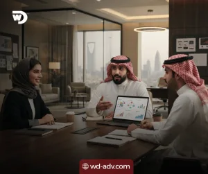 تمام، ده **برومبت بسيط وواضح**:
**Prompt:**
Photorealistic 16:9 commercial photography of a premium advertising agency meeting in Riyadh.
Three professional business people are sitting naturally around a table inside a modern creative office, discussing advertising strategy and reviewing campaign performance on a laptop.
The laptop screen shows simple visual analytics with campaign reach, audience growth, ad performance, lead generation, and conversion charts, with no readable text.
Add subtle advertising-related elements in the office such as printed campaign mockups, creative boards, product samples, and blank poster concepts, all without readable words or logos.
Modern Riyadh office interior, beige and gray tones, dark wood accents, glass partitions, elegant furniture, warm lighting, and a subtle Riyadh skyline through large windows.
Natural body language, realistic facial expressions, believable Saudi business environment, soft daylight mixed with warm office lighting, clean composition, high-end corporate photography, realistic details.
The image should clearly communicate the best advertising company in Riyadh, creative campaigns, brand growth, audience reach, customer acquisition, and professional advertising services.
No text, no Arabic writing, no logos, no brand names, no readable words, no watermark, no futuristic graphics, no holograms, no cartoon style.
**Short Prompt:**
أفضل شركة دعاية وإعلان
في الرياض