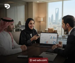 تمام، ده **برومبت بسيط وواضح**:
**Prompt:**
Photorealistic 16:9 commercial photography of a social media account management meeting in Riyadh.
Three professional business people are sitting naturally around a table inside a modern office, discussing social media account management and reviewing performance on a laptop.
The laptop screen shows simple visual analytics with follower growth, engagement charts, content performance, audience reach, and account results, with no readable text.
Add subtle social media-related elements such as a smartphone with generic content cards, a camera, simple creative mockups, and content planning materials, all without readable words or platform logos.
Modern Riyadh office interior, beige and gray tones, dark wood accents, glass partitions, elegant furniture, warm lighting, and a subtle Riyadh skyline through large windows.
Natural body language, realistic facial expressions, believable Saudi business environment, soft daylight mixed with warm office lighting, clean composition, high-end corporate photography, realistic details.
The image should clearly communicate social media account management, audience engagement, content planning, account growth, digital presence, and professional marketing services in Riyadh.
No text, no Arabic writing, no logos, no social media platform logos, no brand names, no readable words, no watermark, no futuristic graphics, no holograms, no cartoon style.
**Short Prompt:**
شركة إدارة حسابات التواصل
بالرياض