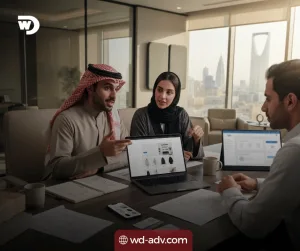 تمام، ده **برومبت بسيط وواضح**:
**Prompt:**
Photorealistic 16:9 commercial photography of an e-commerce website design meeting in Riyadh.
Three professional business people are sitting naturally around a table inside a modern office, discussing a new online store project and reviewing an e-commerce website design on a laptop.
The laptop screen shows a clean modern online store layout with product grid, homepage sections, shopping cart icon, product page preview, mobile responsive preview, and simple e-commerce design elements, with no readable text.
Add subtle e-commerce design-related elements such as a second screen with a generic online shop mockup, a smartphone showing the mobile version of the same store, product packaging samples, shopping-style interface cards, and simple UI design materials, all without readable words or logos.
Modern Riyadh office interior, beige and gray tones, dark wood accents, glass partitions, elegant furniture, warm lighting, and a subtle Riyadh skyline through large windows.
Natural body language, realistic facial expressions, believable Saudi business environment, soft daylight mixed with warm office lighting, clean composition, high-end corporate photography, realistic details.
The image should clearly communicate e-commerce store design, online selling, professional digital presence, business growth, and online store design services in Riyadh.
No text, no Arabic writing, no logos, no brand names, no readable words, no watermark, no futuristic graphics, no holograms, no cartoon style.
**Short Prompt:**
شركة تصميم متاجر إلكترونية 
في الرياض 